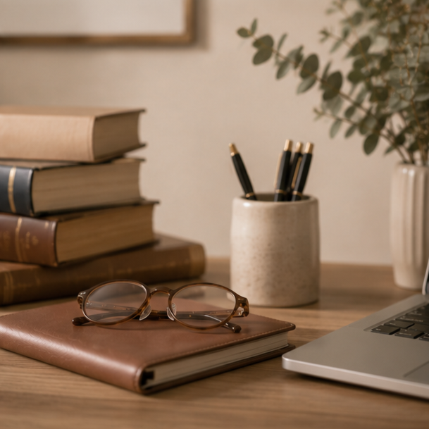 Libros, anteojos y notebook sobre un escritorio de estudio jurídico