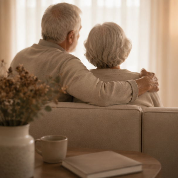 Pareja de jubilados abrazados mirando por la ventana de su hogar